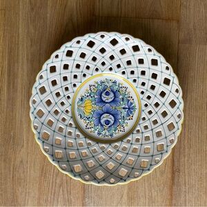 Vintage Modra Pottery Slovakian Folk Art Wall Hanging Floral Yellow Blue